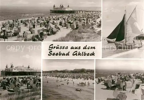 AK / Ansichtskarte Ahlbeck Ostseebad Strand Seebruecke Segelboot Kat. Heringsdorf Insel Usedom