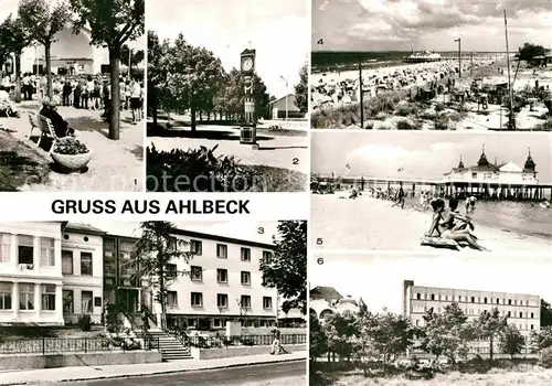 AK / Ansichtskarte Ahlbeck Ostseebad Konzertpavillon Stranduhr FDGB Erholungsheime Seebruecke Strand Kat. Heringsdorf Insel Usedom