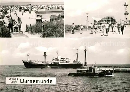 AK / Ansichtskarte Warnemuende Ostseebad Strand Leuchtturm Gaststaette Teepott Mole Schlepper Dampfer Kat. Rostock