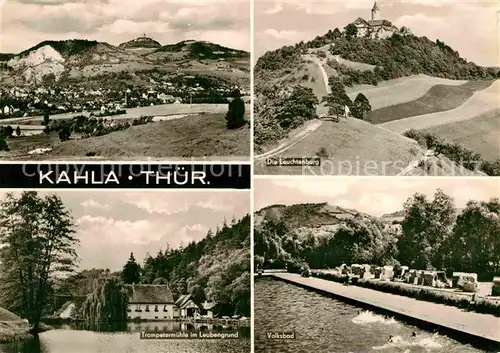 AK / Ansichtskarte Kahla Thueringen Panorama Leuchtenburg Volksbad Schwimmbad Trompetenmuehle Leubengrund Kat. Kahla Thueringen