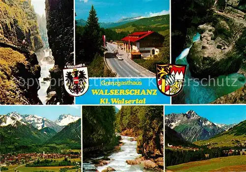 AK / Ansichtskarte Walserschanz Kleinwalsertal Grenzgasthaus Schlucht Bergbach Alpenpanorama Wappen Kat. 