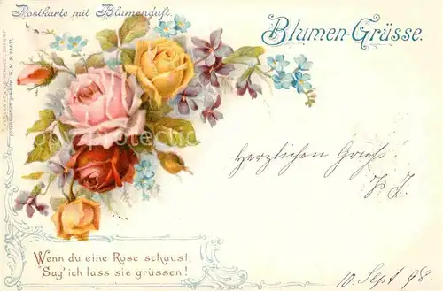 AK / Ansichtskarte Blumen Rosen Veilchen Vergissmeinnicht Blumenduft Vers Litho  Kat. Pflanzen