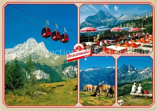 AK / Ansichtskarte Braunwald GL Gondelbahn Grotzenbueel Terrasse Restaurant Ortstock Alpenpanorama Almvieh Kuehe Wandern Kat. Braunwald