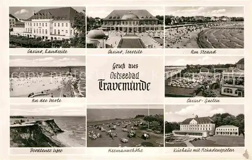 AK / Ansichtskarte Travemuende Ostseebad Casino Strand Mole Casino Garten Brodtener Ufer Hermannshoehe Kurhaus Arkadenspiele Kat. Luebeck