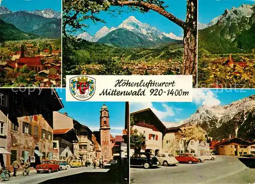 Mittenwald Bayern Gesamtansicht mit Alpenpanorama Ortspartie an der Kirche Kat. Mittenwald