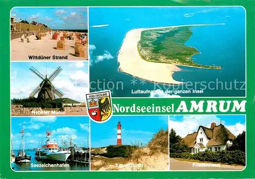 AK / Ansichtskarte Amrum Wittduener Strand Nebeler Muehle Seezeichenhafen Leuchtturm Friesenhaus Nordseeinsel Fliegeraufnahme Kat. Nebel