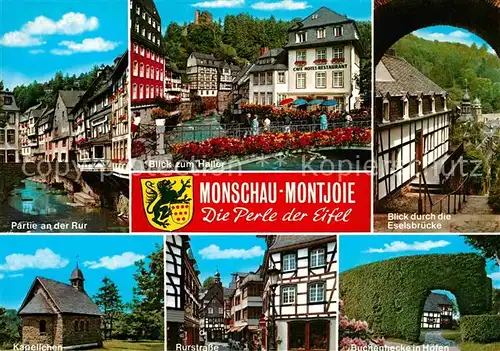 AK / Ansichtskarte Monschau Partie an der Rur Burgruinne Haller Rotes Haus Eselsbruecke Buchenhecke Rurstrasse Kapelle Fachwerkhaeuser Kat. Monschau