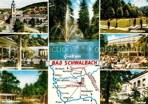AK / Ansichtskarte Bad Schwalbach Kurviertel Wandelhalle Weinbrunnen Stahlbrunnen Minigolf Kurpark Stahlbad Teich Fontaene Landkarte Kat. Bad Schwalbach