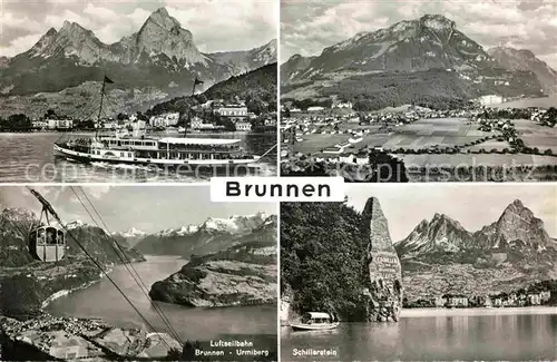 AK / Ansichtskarte Brunnen Vierwaldstaettersee SZ Raddampfer Alpenpanorama Schillerstein Luftseilbahn Urniberg Kat. Brunnen