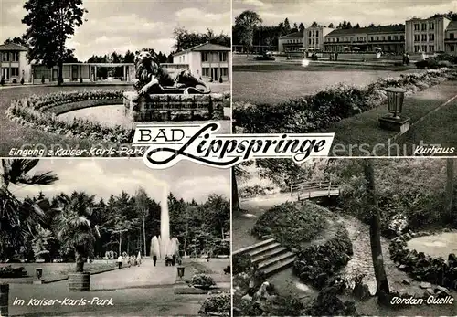 AK / Ansichtskarte Bad Lippspringe Kaiser Karls Park Loewenskulptur Fontaene Kurhaus Jordanquelle Kat. Bad Lippspringe