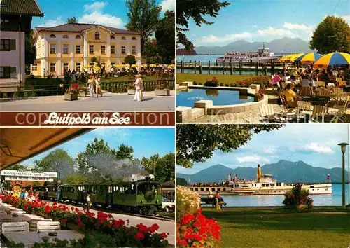 AK / Ansichtskarte Prien Chiemsee Luitpold am See Cafe Weinstube Hotel Parkeisenbahn Faehrschiff Kat. Prien a.Chiemsee