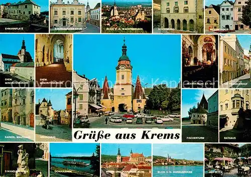 AK / Ansichtskarte Krems Donau Ehmannplatz Panorama Gozzoburg Messnerhaus Minoritenkirche Pfarrkirche St Veit Wegscheid Fischerturm Rathaus Donaulaende Pfarrkirche Donaubruecke Hofblick Kat. Krems an der Donau