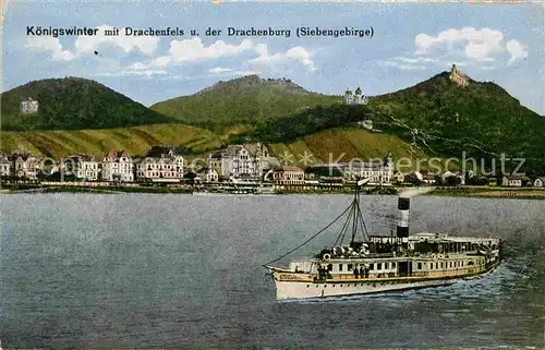 AK / Ansichtskarte Koenigswinter Rhein mit Drachenfels und Drachenburg Fahrgastschiff