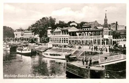 AK / Ansichtskarte Biebrich Wiesbaden Rheinterrassen Hotel Nassau Bootsanleger Rheindampfer