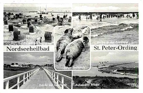 AK / Ansichtskarte St Peter Ording Strand Bruecke zur Sandbank Brandung Seehunde  Kat. Sankt Peter Ording