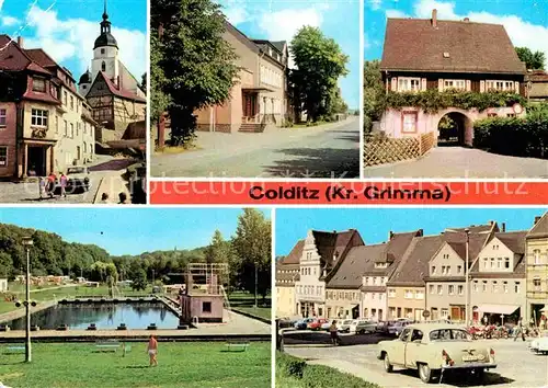 AK / Ansichtskarte Colditz Sparkasse Handwerkerheim Waldhaus Tiergarten Eingang Waldbad Markt Kat. Colditz