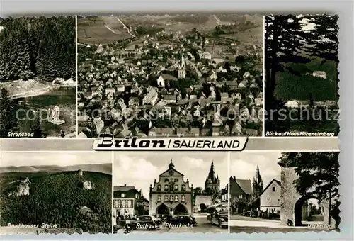 AK / Ansichtskarte Brilon Strandbad Panorama Haus Hoheneimberg Bruchhauser Steine Rathaus Pfarrkirche Derkertor Kat. Brilon