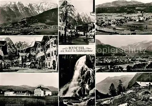 AK / Ansichtskarte Kuchl Panorama mit Hohem Goell Marktgasse Saegewerkschule Tennengebirge Jochalm Wasserfall Kat. Kuchl