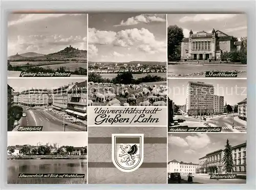 AK / Ansichtskarte Giessen Lahn Panorama Gleiberg Duensberg Vetzberg Schafherde Stadttheater Marktplatz Hochhaus Ludwigsplatz Schwanenteich Universitaet Wappen Bromsilber Kat. Giessen