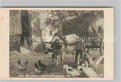 AK / Ansichtskarte Kuenstlerkarte Adolf Lins Dorf Niederrhein Landwirtschaft Huehner Gaense Kuh  Kat. Kuenstlerkarte