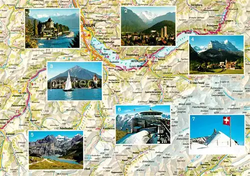 AK / Ansichtskarte Oberhofen Thunersee Schloss Interlaken Jungfrau Berner Alpen Spiez Niesen Grindelwald Oeschinensee Bergrestaurant Observatorium Berner Alpen Landkarte Kat. Oberhofen Thunersee