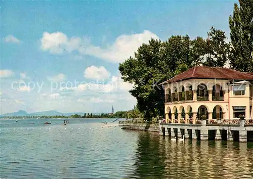 AK / Ansichtskarte Radolfzell Bodensee Strandcafe Mettnau mit Hegaubergen Kat. Radolfzell am Bodensee