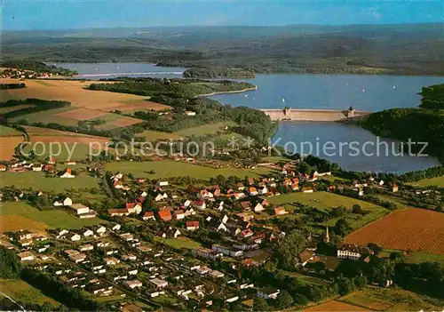 AK / Ansichtskarte Guenne Stausee mit Staumauer und Delecker Bruecke Fliegeraufnahme Kat. Moehnesee