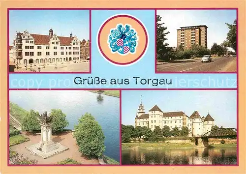 AK / Ansichtskarte Torgau Rathaus Hochhaus Eilenburger Strasse Denkmal der Begegnung Schloss Hartenfels Kat. Torgau