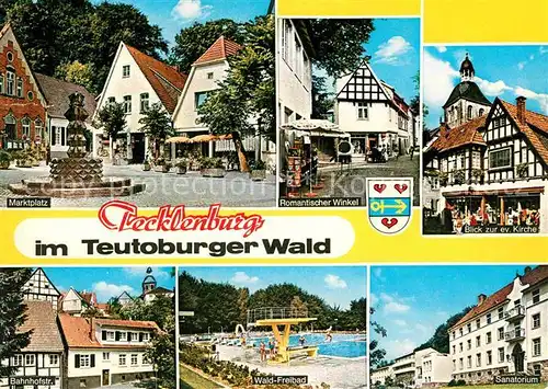 AK / Ansichtskarte Tecklenburg Marktplatz Romantischer Winkel ev. Kirche Bahnhofstrasse Waldfreibad Sanatorium Fachwerkhaus Kat. Tecklenburg