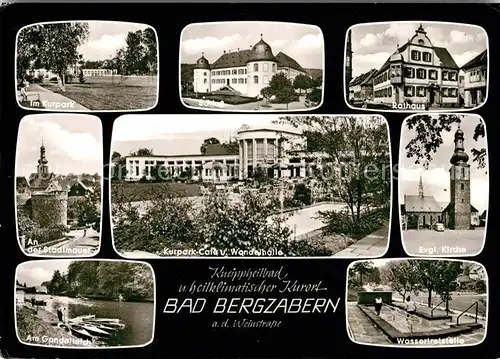 AK / Ansichtskarte Bad Bergzabern Kurpark Schloss Rathaus Stadtmauer Kurparkcafe Wandelhalle Kirche Gondelteich Wassertretstelle Kat. Bad Bergzabern