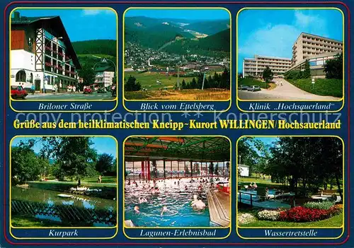 AK / Ansichtskarte Willingen Sauerland Briloner Strasse Blick vom Ettelsberg Kurpark Lagunenbad Wassertretstelle Kat. Willingen (Upland)