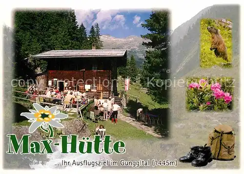 AK / Ansichtskarte Zillertal Tirol Jagdhaus Maxhuette Hochtal der Gunggl Murmeltier Alpenflora Wanderrucksack Wanderschuhe
