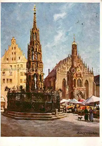 AK / Ansichtskarte Nuernberg Schoener Brunnen Frauenkirche Kuenstler Rudolf Schacht Kat. Nuernberg