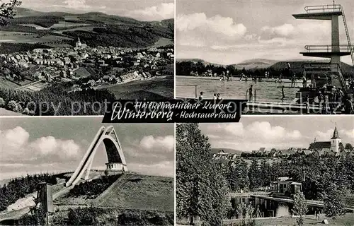 AK / Ansichtskarte Winterberg Hochsauerland Heilklimatischer Kurort Freibad Sprungturm Skisprungschanze Ortsansicht mit Kirche Kat. Winterberg