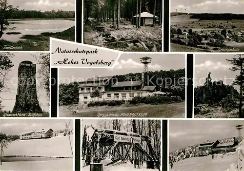 AK / Ansichtskarte Hoherodskopf Naturschutzpark Hoher Vogelsberg Forellenteich Bismarckturm Taufstein Niddaquelle Berggasthof Skisprungschanze Bilstein Felsen Wintersportplatz Kat. Schotten