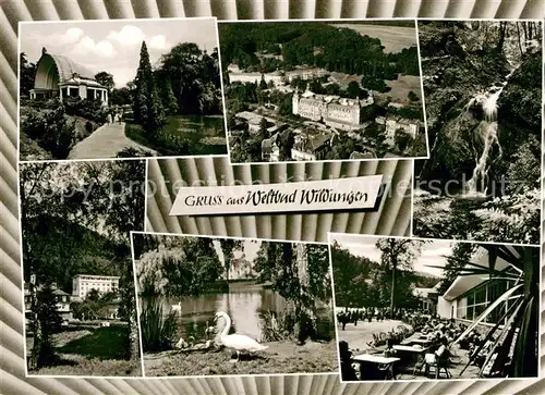 AK / Ansichtskarte Bad Wildungen Kurhaeuser Schwanenteich Kurpark Terrasse Wasserfall Kat. Bad Wildungen