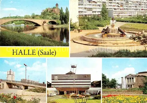 AK / Ansichtskarte Halle Saale Burg Giebichenstein Brunnen Magistrale Bahnhof Theater des Friedens Kat. Halle