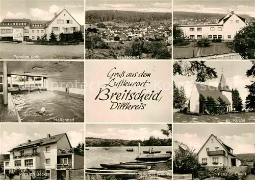 AK / Ansichtskarte Breitscheid Hessen Pension Kolb Panorama Pension Rufekcik Hallenbad Ev Kirche Pension Becker Heisterberger Weiher Pension Eisert Kat. Breitscheid