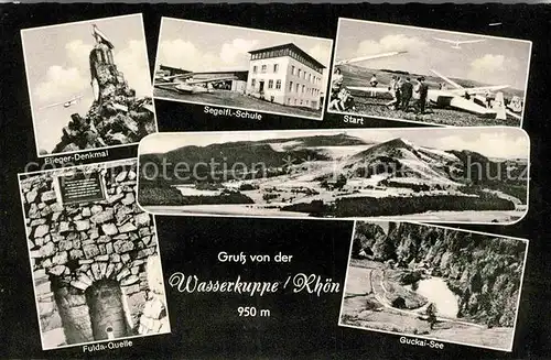 AK / Ansichtskarte Wasserkuppe Rhoen Fliegerdenkmal Segelflugschule Segelflugzeug Fuldaquelle Guckaisee Landschaftspanorama Kat. Poppenhausen (Wasserkuppe)