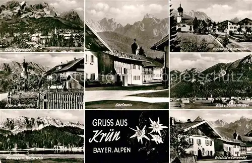 AK / Ansichtskarte Kruen Zugspitze Wettersteingebirge Dorfmotiv Kirche Karwendel Schlerngruppe Barmsee Edelweiss Kat. Kruen