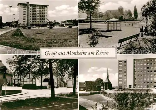 AK / Ansichtskarte Monheim Rhein Teilansichten Hochhaus Kinderspielplatz Kirche Kat. Monheim am Rhein