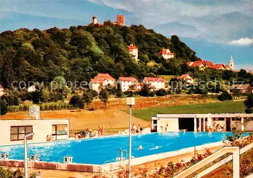 AK / Ansichtskarte Falkenstein Oberpfalz Freibad Blick zur Burg Luftkurort Bayerischer Wald Kat. Falkenstein