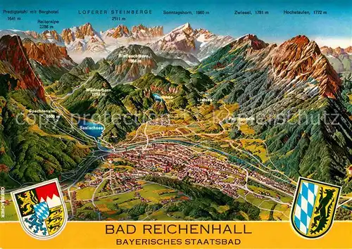 AK / Ansichtskarte Bad Reichenhall Bayerisches Staatsbad Alpenpanorama aus der Vogelperspektive Wappen Kat. Bad Reichenhall