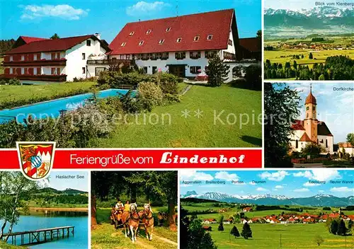 AK / Ansichtskarte Stoetten Auerberg Gaestehaus Lindenhof Swimming Pool Haslacher See Pferdewagen Dorfkirche Alpenpanorama Kat. Stoetten a.Auerberg