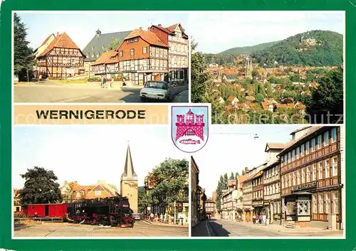 AK / Ansichtskarte Wernigerode Harz Marktstrasse Ecke Klintgasse Feudalmuseum Schloss Harzquerbahn Dampflokomotive Westerntor Burgstrasse Kat. Wernigerode