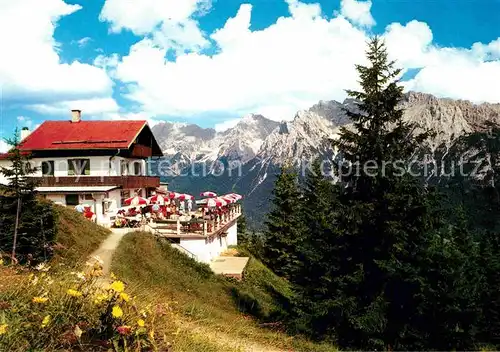 AK / Ansichtskarte Mittenwald Bayern Ausflugsziel Kranzberghaus gegen Karwendelgebirge Huber Karte Nr 8203 Kat. Mittenwald