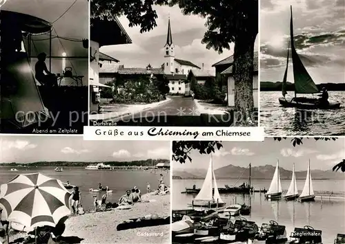 AK / Ansichtskarte Chieming Chiemsee Zeltpatz Abend Badestrand Seglerhafen Kat. Chieming