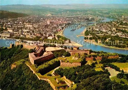 AK / Ansichtskarte Koblenz Rhein Festung Ehrenbreitstein und Deutsches Eck Fliegeraufnahme Kat. Koblenz