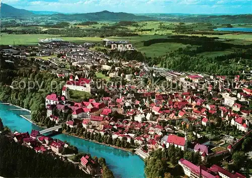 AK / Ansichtskarte Fuessen Allgaeu Blick auf Lech und Lechbruecke Kloster St Mang Hohes Schloss Fliegeraufnahme Kat. Fuessen