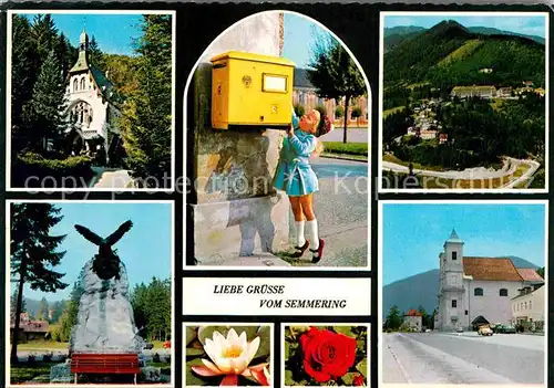 AK / Ansichtskarte Semmering Niederoesterreich Motive Kirche Denkmal Briefkasten Maedchen Blumen Heilklimatischer Hoehenluftkurort Kat. Semmering